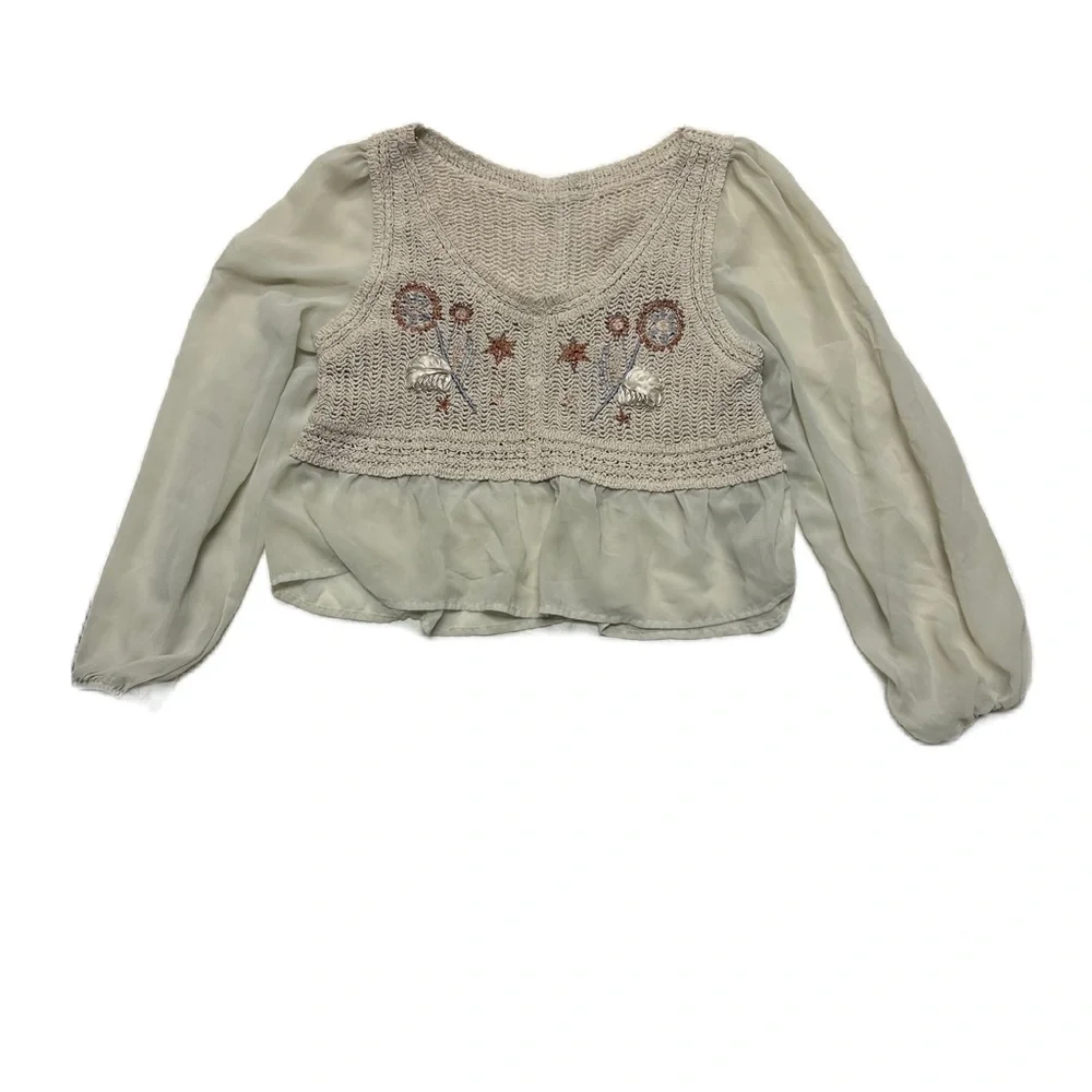 Crochet Embroidered Top Womens M Cream Boho Beachy Cover Up Retro Festival - Picture 2 of 6